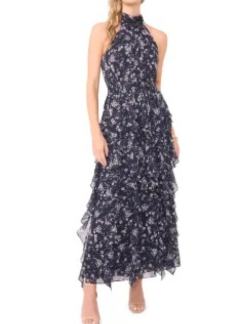 Sleeveless Halter Navy & White Floral Ruffle Maxi Dress Nordstrom Rack